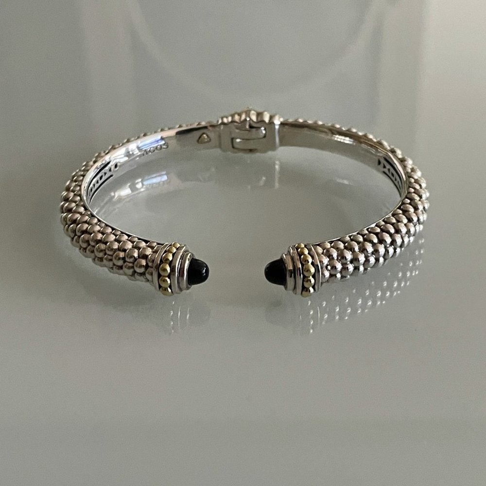 LAGOS 8mm Sterling Silver Caviar Hinge Cuff Bracelet with Black Onyx